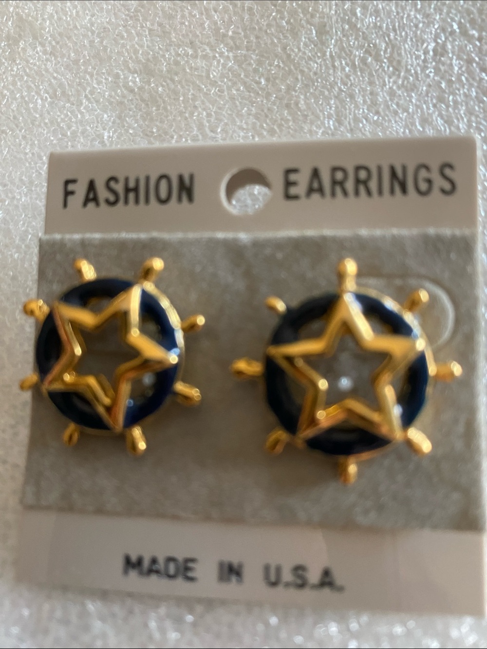 Gold Star Wheel Navy Enamel Stud Earrings